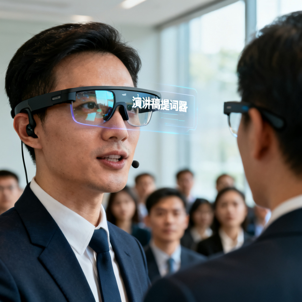 一个职场人佩戴AI智能眼镜,眼镜镜片内显示演讲稿提词器,他正在面对观众进行路演