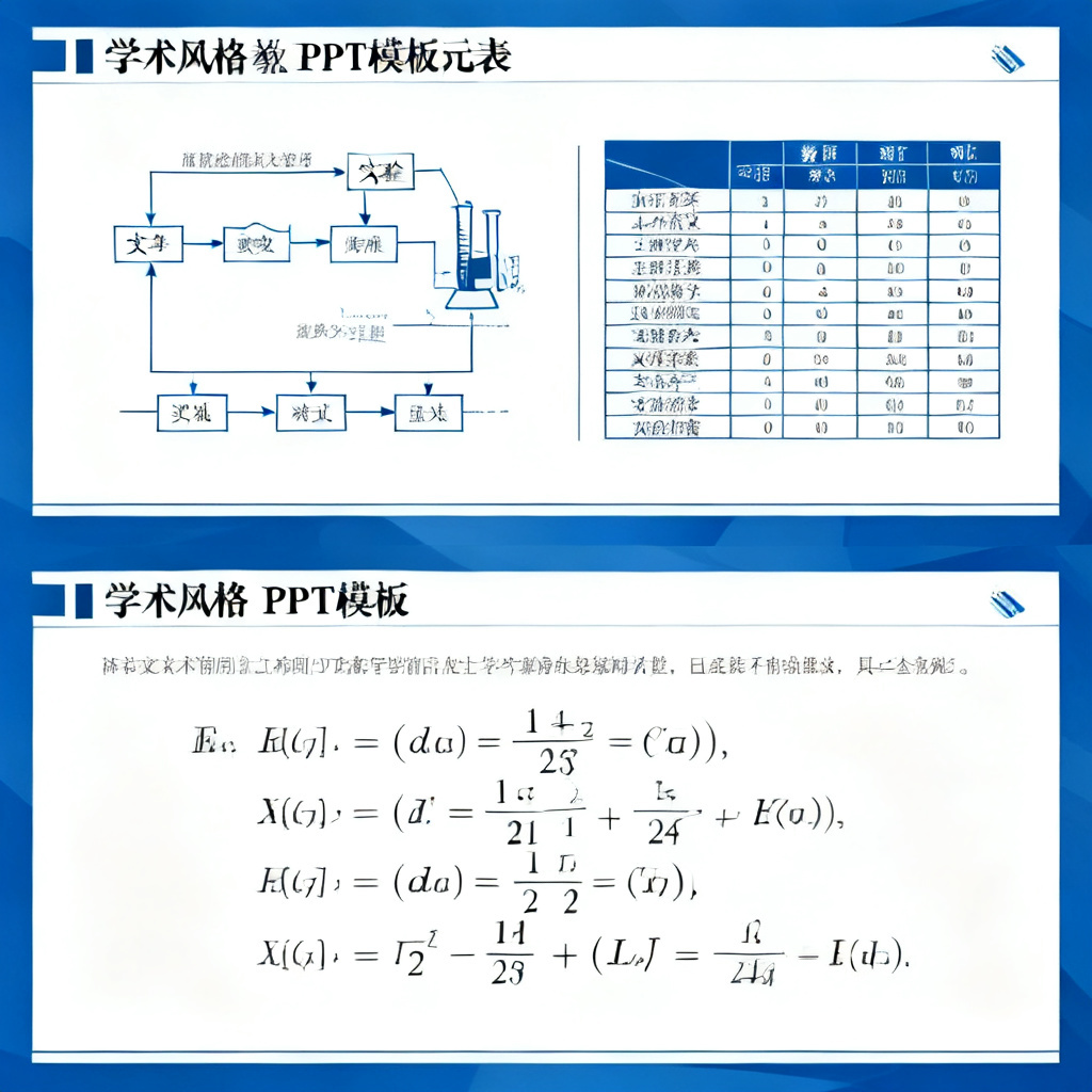一份学术风格的PPT模板，左侧为实验流程图，右侧为数据对比表，下方有数学公式，整体排版清晰严谨，色调以蓝白为主。