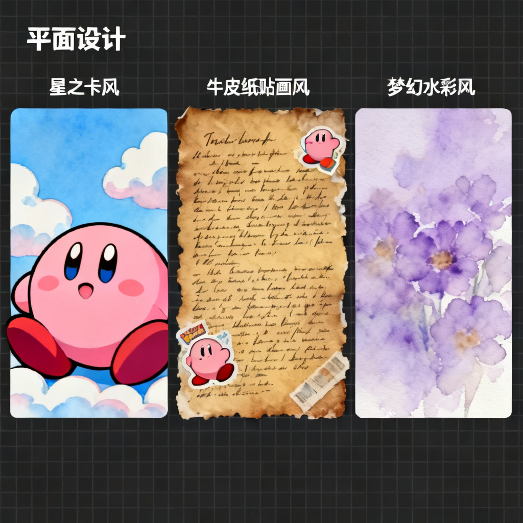多风格PPT缩略图网格展示,包含星之卡比风、牛皮纸贴画风、梦幻水彩风