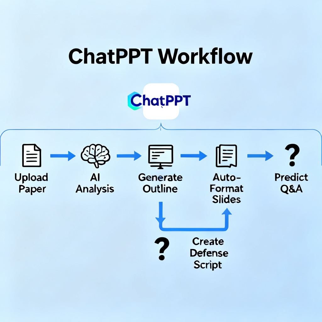 A flowchart showing the process: 'Upload Paper -> AI Analysis -> Generate Outline -> Auto-Format Slides -> Create Defense Script -> Predict Q&A', with ChatPPT logo at the center, each step showing a small icon like document, brain, slides, script, and question mark