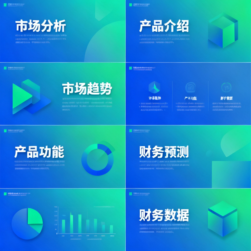 一组风格统一的PPT页面，展示不同主题（如市场分析、产品介绍、财务预测）的创意设计