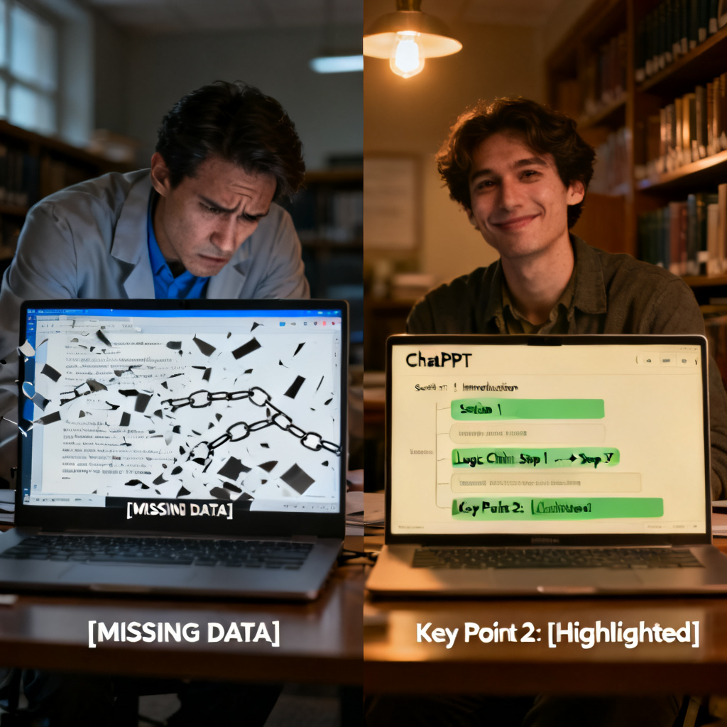 A split-screen comparison showing on the left side a messy, fragmented text output from a generic AI PPT tool with missing data and broken logic chains, and on the right side a clean, hierarchical outline generated by ChatPPT with clear sections and key points highlighted. The scene is set in a dimly lit academic office, with a researcher looking frustrated on the left and relieved on the right.