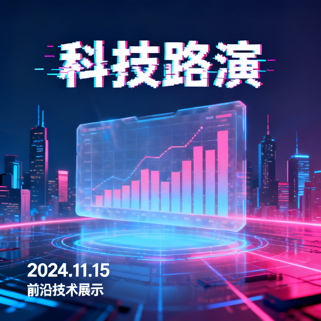 赛博朋克风格的科技路演幻灯片,主色调为霓虹蓝与品红,背景有全息投影的城市天际线,文字采用像素化故障艺术字体,画面中央悬浮着半透明的数据图表
