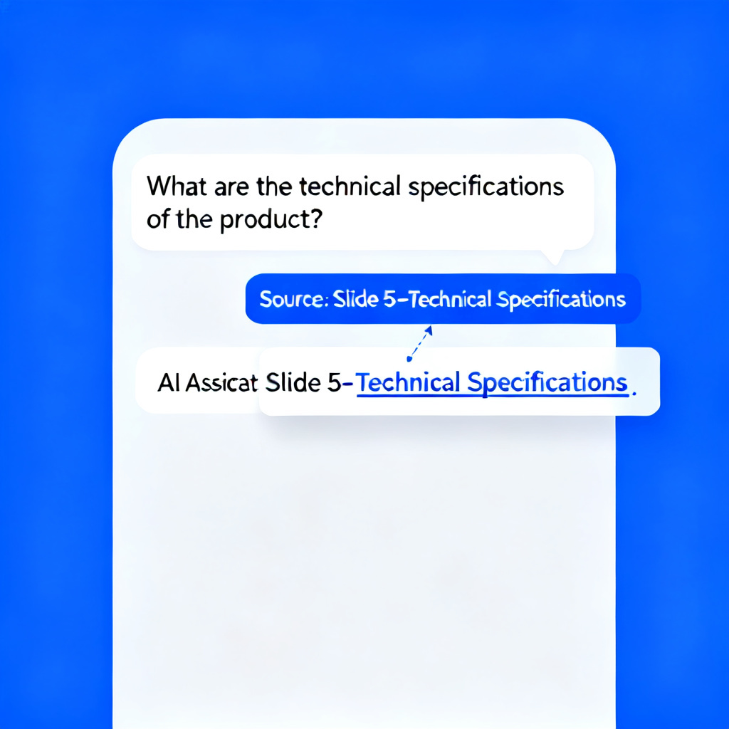 A UI mockup showing a question being asked to an AI assistant, with the response highlighting a specific sentence and a pop-up annotation showing "Source: Slide 5 - Technical Specifications", style: modern app interface, minimalist, high contrast blue and white