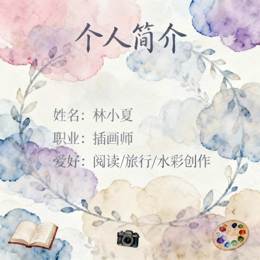 梦幻水彩风格的个人简介PPT，色彩柔和，画面通透，文字与图形自然融合