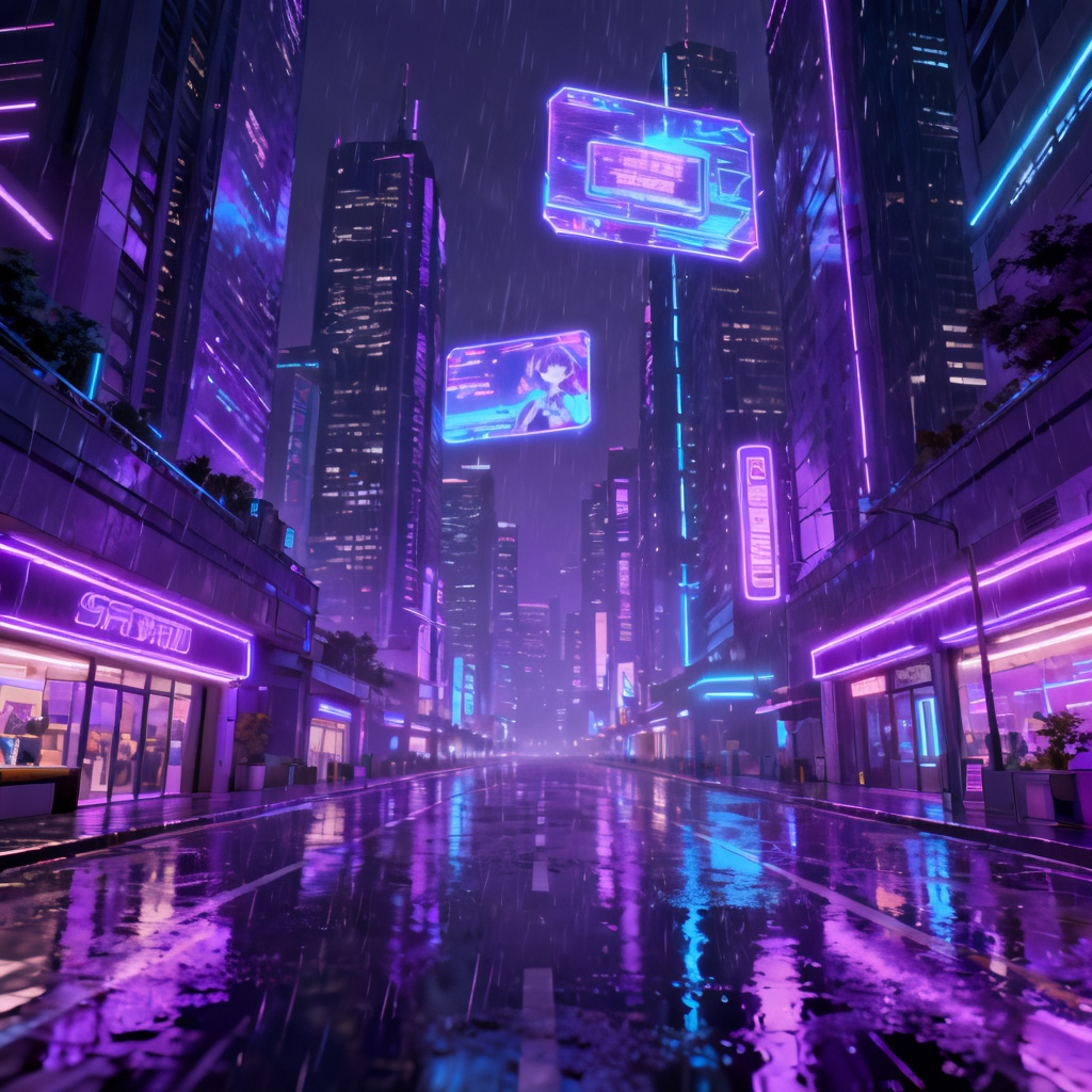 A futuristic cyberpunk cityscape with neon lights, rain-slicked streets, and holographic billboards, rendered in a 3D anime style with deep purples and electric blues, 8K resolution, cinematic lighting