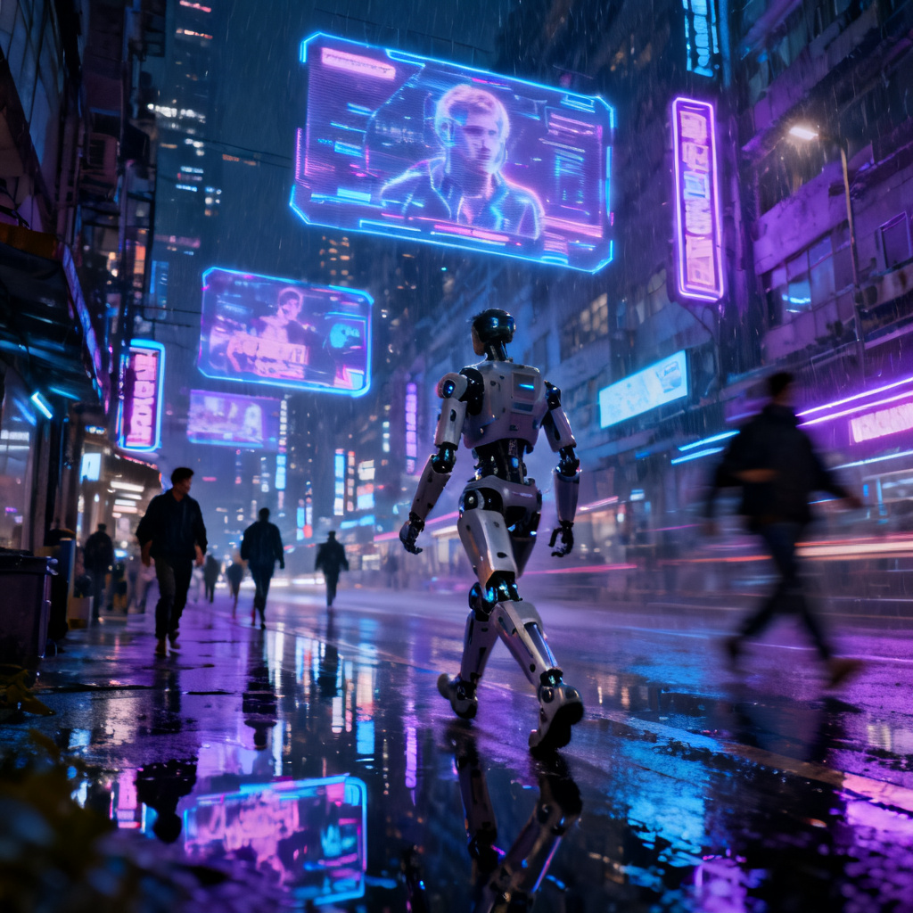 赛博朋克城市夜景，霓虹灯牌，全息投影广告，机械义肢行人，雨夜反光街道，高对比度蓝紫色调，8K超清，电影感构图