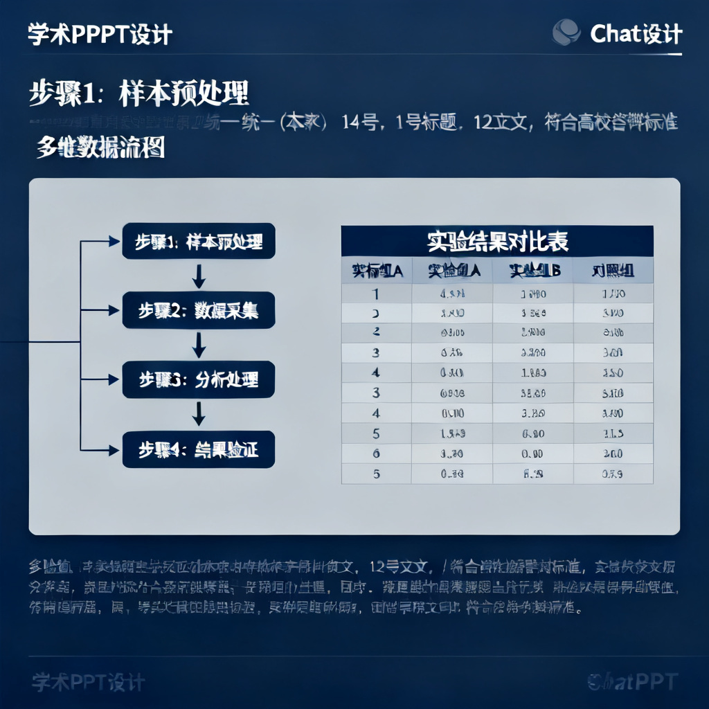 一张ChatPPT生成的学术PPT幻灯片,包含实验流程图和多维数据对比表,排版整洁,色彩沉稳,字体统一,符合高校答辩标准。