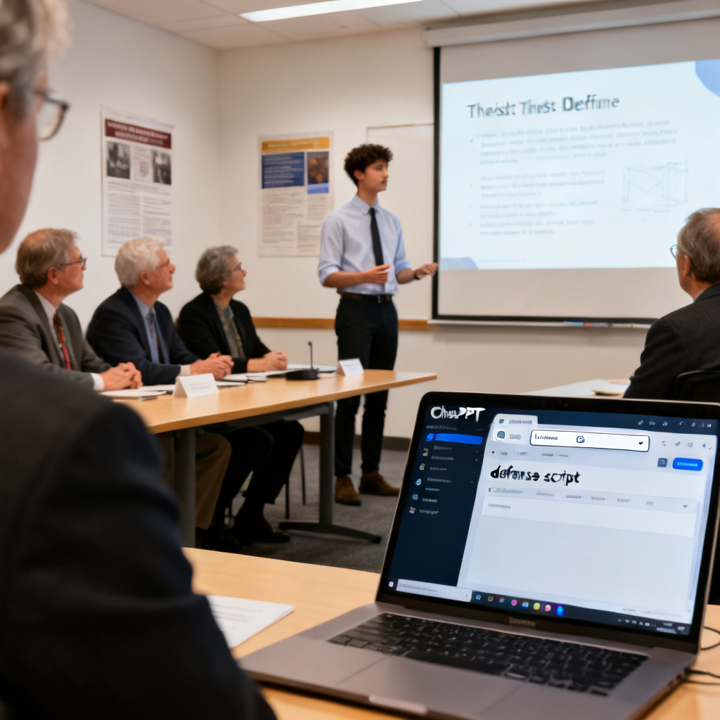 A student confidently presenting a PowerPoint slide in a thesis defense room, with a panel of professors listening. The student's laptop screen shows ChatPPT interface with a 'defense script' tab open.