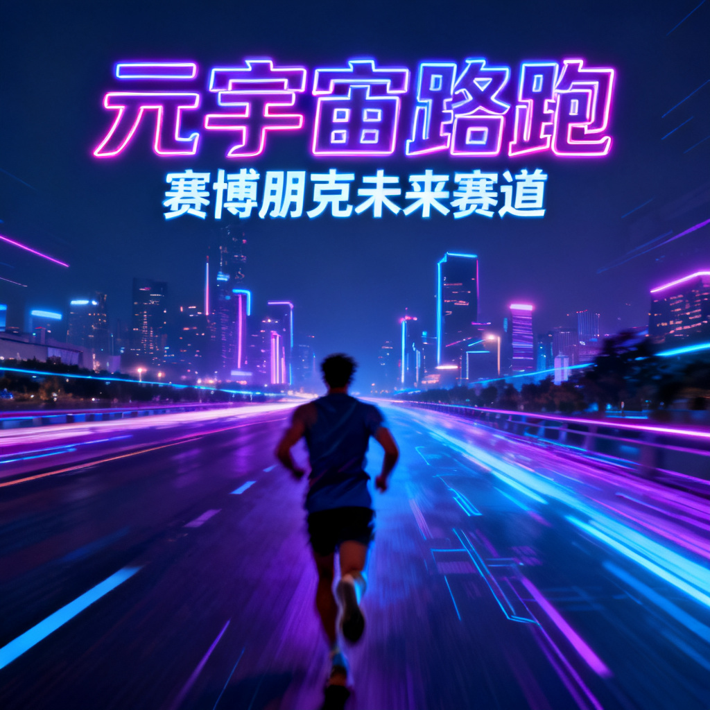 赛博朋克风格元宇宙路跑PPT,霓虹灯光,城市远景,科技感,动态模糊