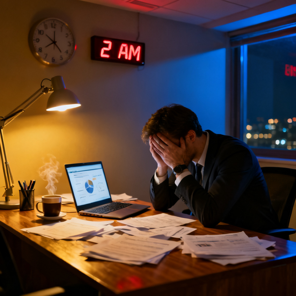 A stressed professional sitting at a desk late at night, surrounded by scattered papers and a laptop showing a half-finished presentation, with a clock showing 2 AM, realistic style, cinematic lighting
