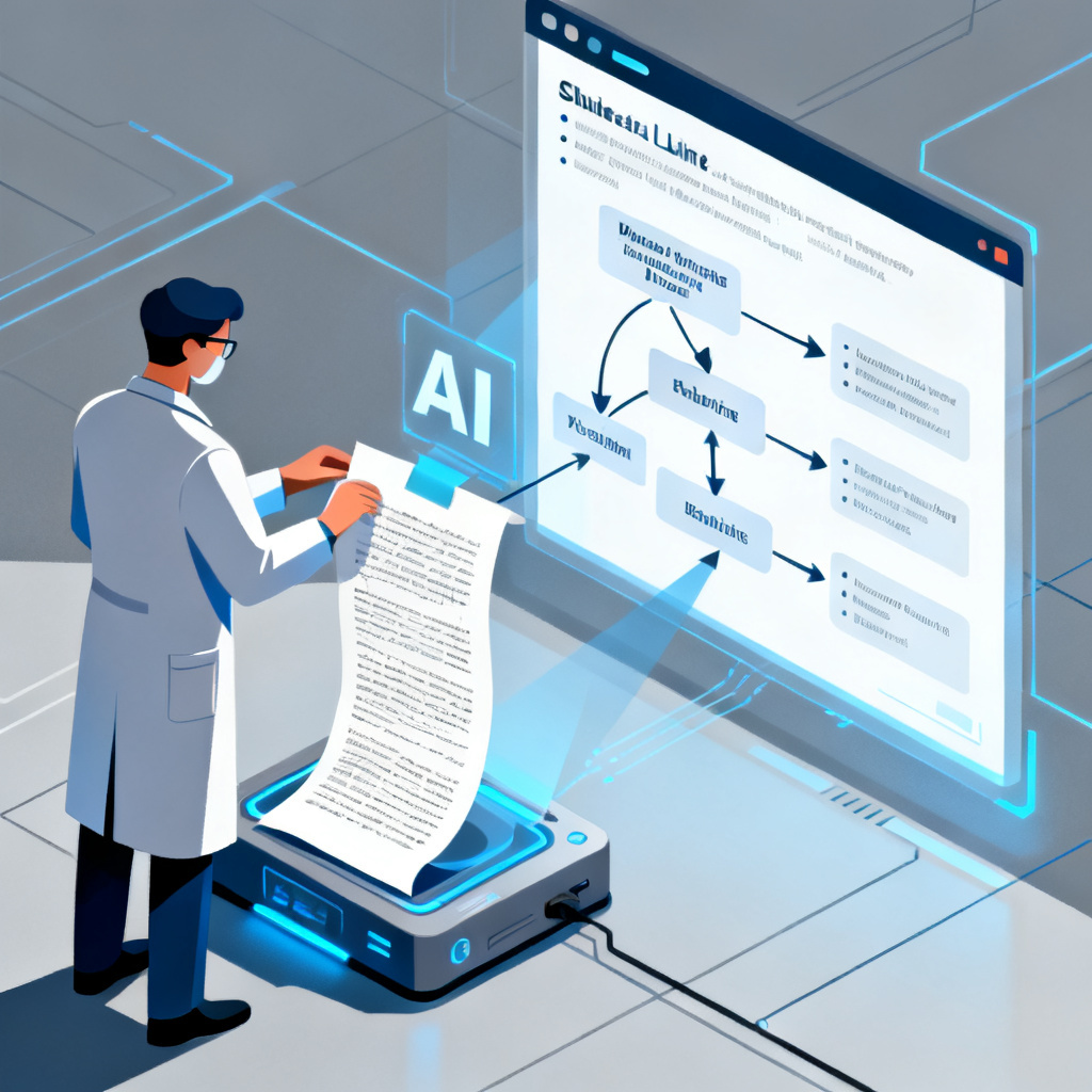 A researcher pasting a long academic paper into an AI tool, which transforms into a structured slide outline with logical flow arrows.
