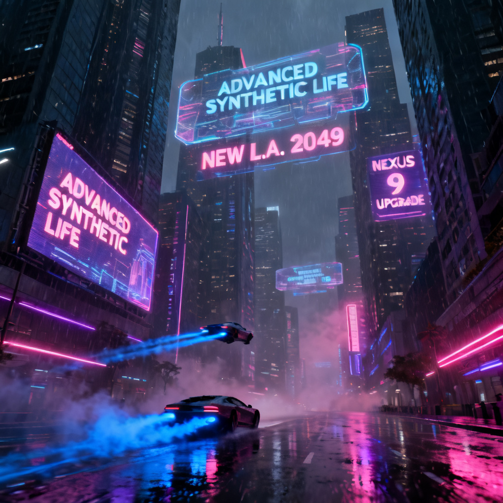 A futuristic cyberpunk cityscape with neon lights and holographic billboards, rendered in the style of Blade Runner 2049.