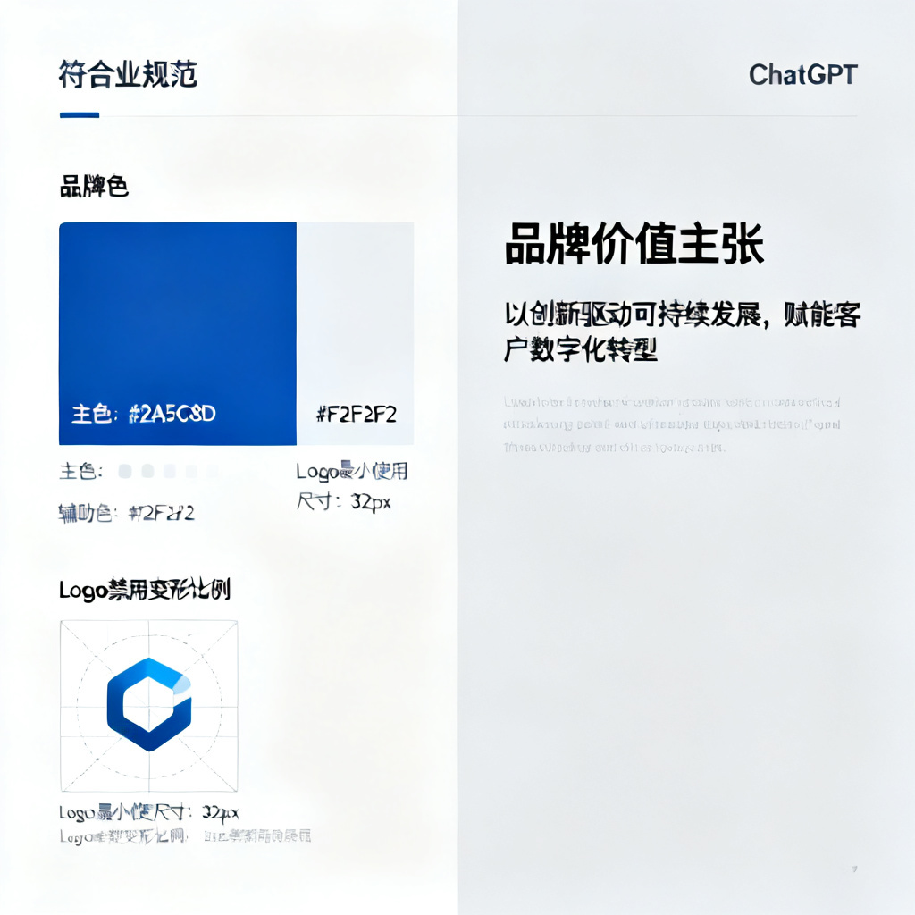 一个企业品牌PPT页面,左侧展示品牌色板与Logo规范,右侧是ChatGPT生成的符合规范的演示页面,整体风格现代、简洁、专业