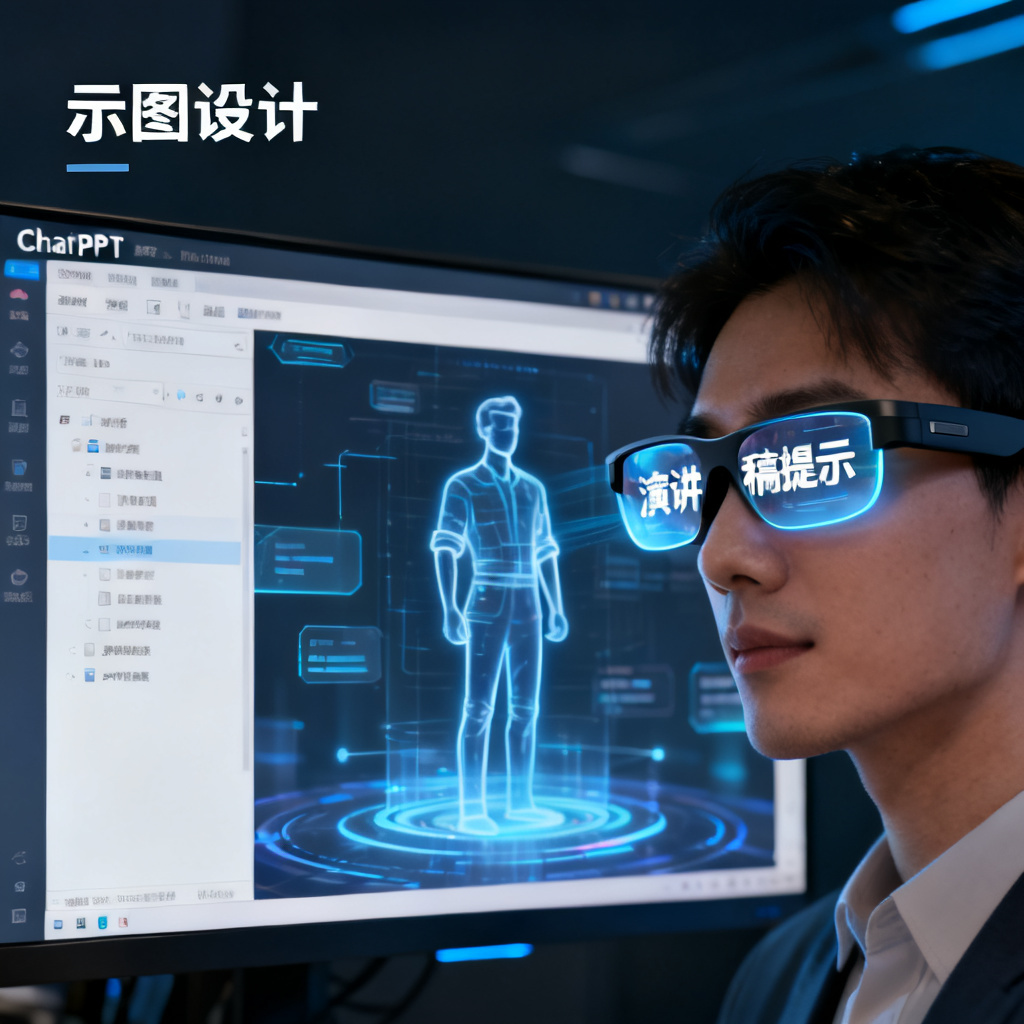 一张示意图，左侧是ChatPPT编辑界面，右侧是用户佩戴智能眼镜进行路演，眼镜中显示演讲稿提示，背景有虚拟数字人形象。