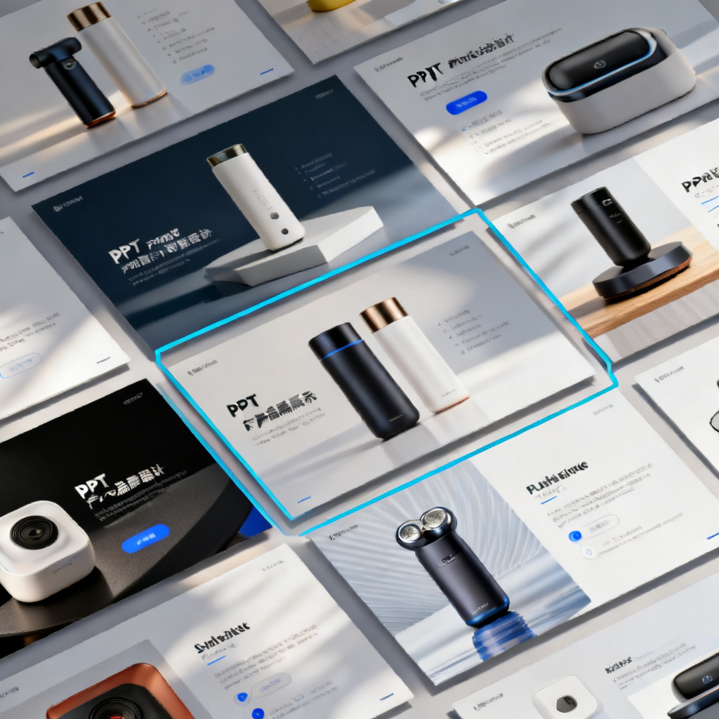 一张包含多个产品展示的PPT页面,用户用矩形框选其中一个区域,输入指令后该区域被替换为另一产品,且保持原有光影、配色和排版风格。