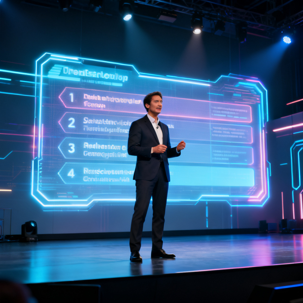 A professional presenter standing on stage with a confident posture, a glowing holographic slide behind them displaying structured bullet points, futuristic and clean design, high detail, cinematic lighting, 8k resolution.