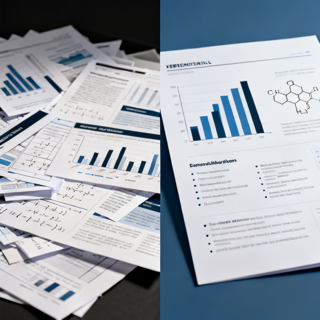 A split-screen comparison: left side shows a messy slide with misaligned charts and formulas, right side shows a clean, professional slide with a bar chart, chemical formula, and bullet points. Style: realistic, high contrast.