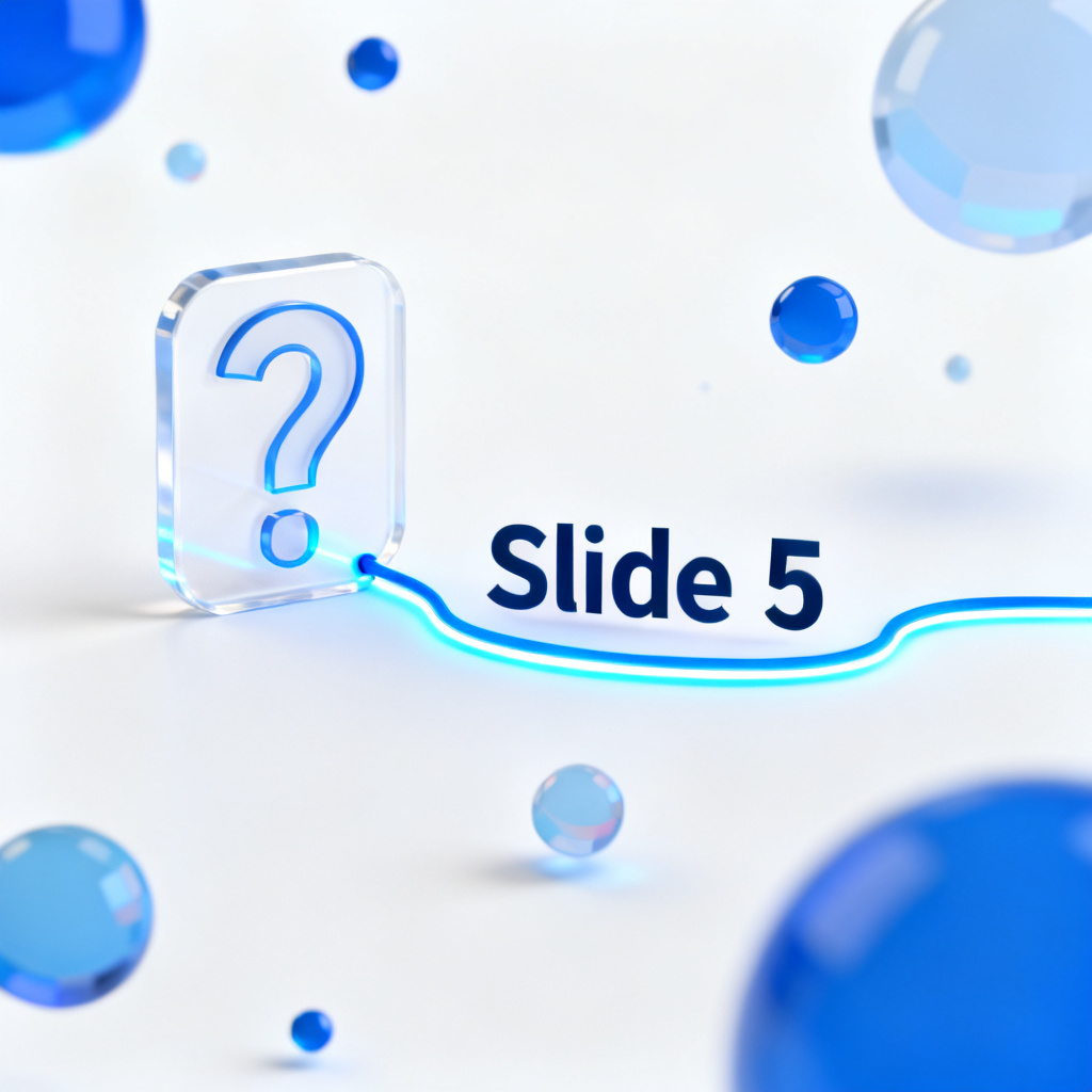 A transparent question mark icon with a glowing line tracing back to a specific slide number, surrounded by floating data nodes, clean white background with blue accents.