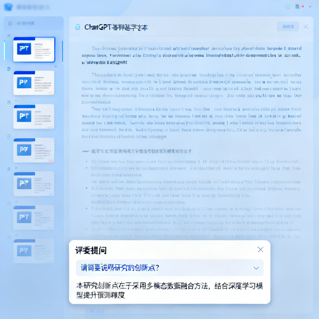 一张截图,显示ChatGPT生成的答辩逐字稿页面,左侧为PPT缩略图,右侧为逐字稿文本,底部有一个“评委提问”弹窗,包含问题与参考答案。