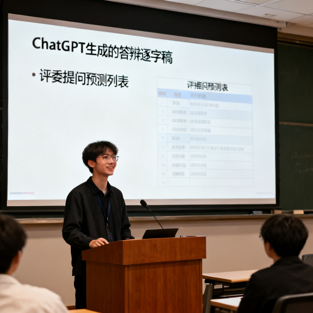 答辩现场，一位学生自信地站在讲台前演讲，大屏幕上显示着ChatGPT生成的答辩逐字稿和评委提问预测列表。