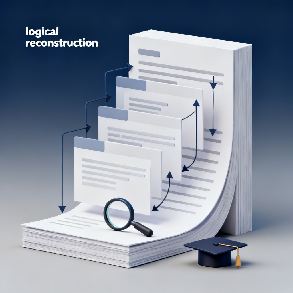 A minimalist 3D illustration showing a thick academic paper transforming into a structured slide deck with clear logical arrows connecting each slide, representing the concept of 'logical reconstruction' from long text to presentation. The background is a clean gradient of dark blue to light gray, with subtle academic elements like a graduation cap and a magnifying glass.
