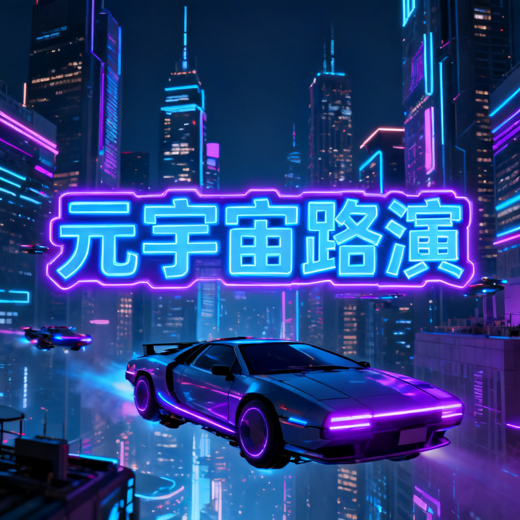 一张赛博朋克风格的元宇宙路演PPT封面，霓虹灯字体，蓝色和紫色主色调，有飞行汽车和摩天大楼的背景，细节丰富，高对比度，4K分辨率