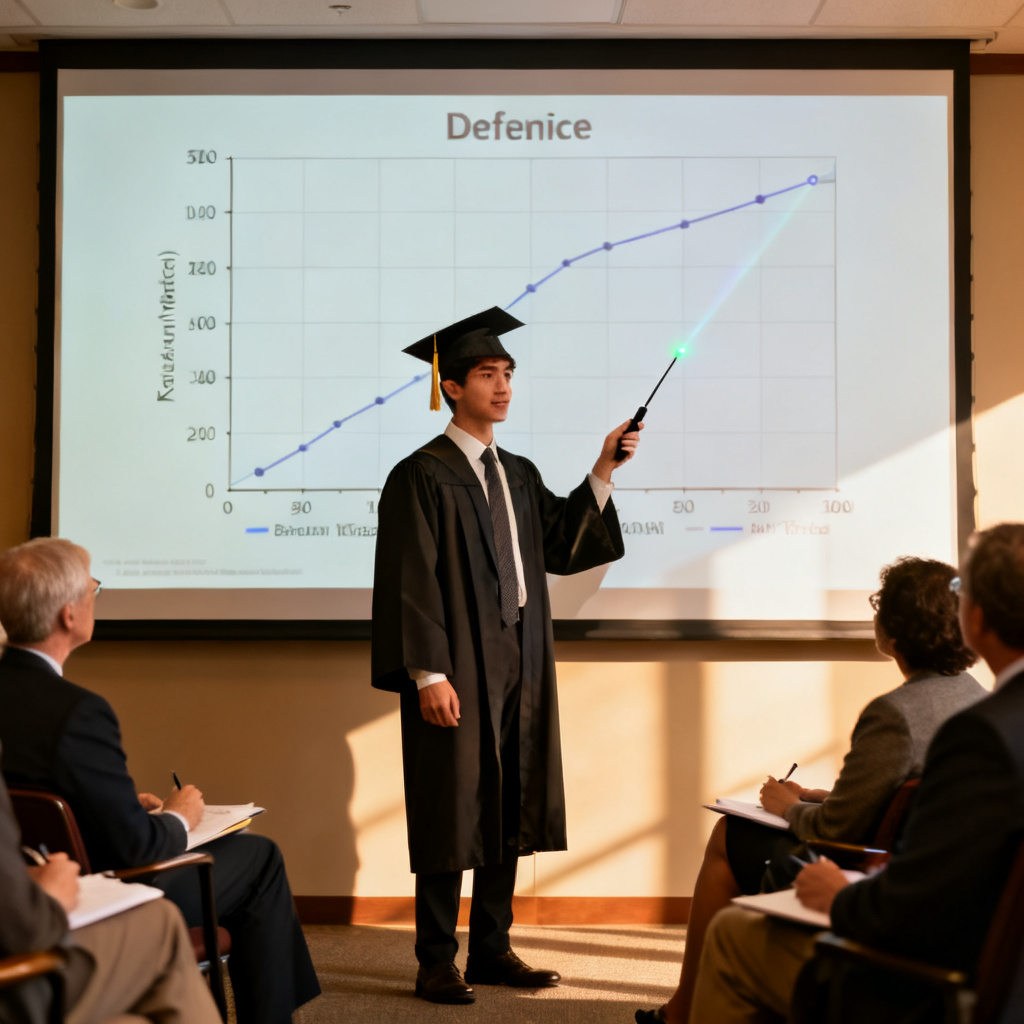 A confident graduate student standing in front of a defense committee, using a laser pointer to highlight a key data chart on a large screen, with a visible sense of preparedness and ease