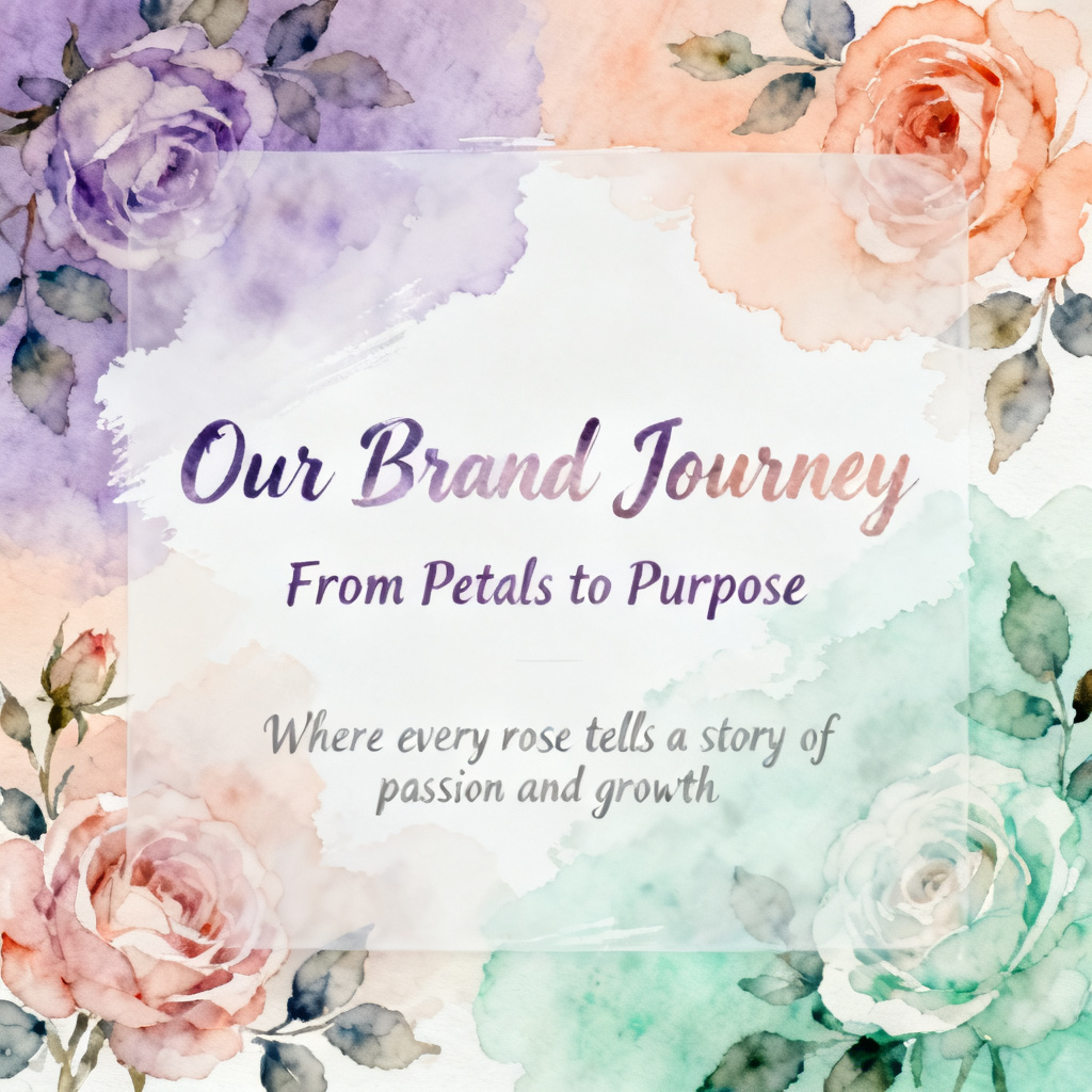Design a brand story slide in dreamy watercolor style, with soft pastel gradients (lavender, peach, mint green), featuring a floral border with hand-painted roses and leaves, text placed on a semi-transparent white overlay with gentle brushstroke edges.