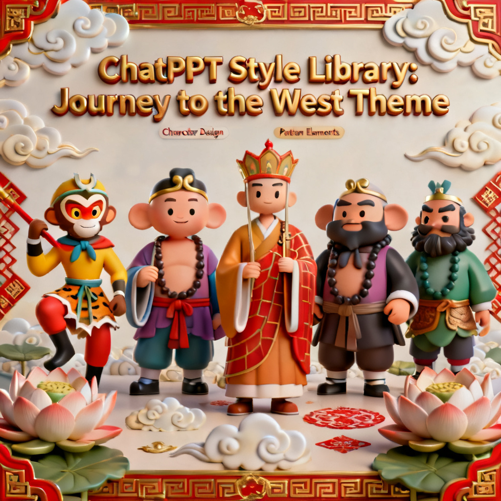 A 3D Journey to the West style slide, with cartoon characters and traditional Chinese patterns, demonstrating ChatPPT's style library