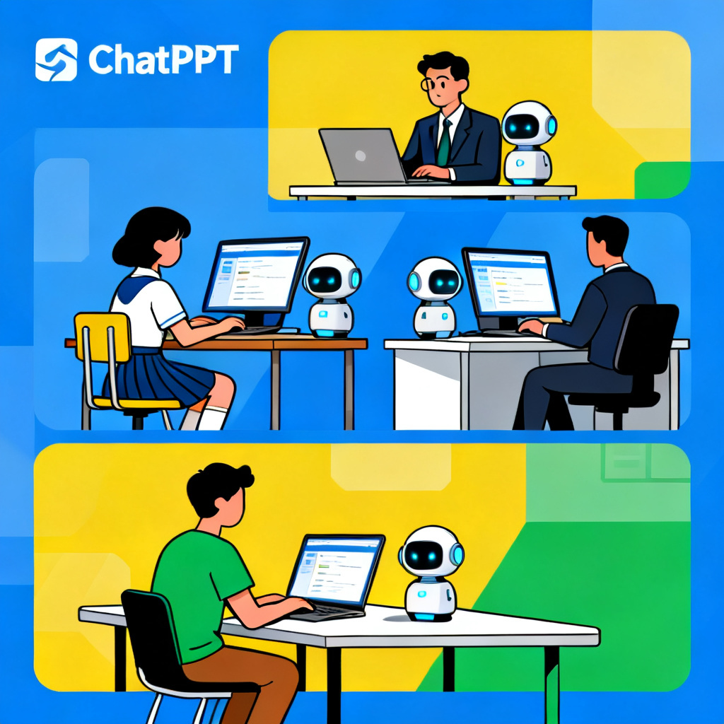 多个不同职业的人（学生、经理、创业者）同时使用ChatPPT，每个人面前都有智能助手，画面分割，明亮色彩，扁平化风格