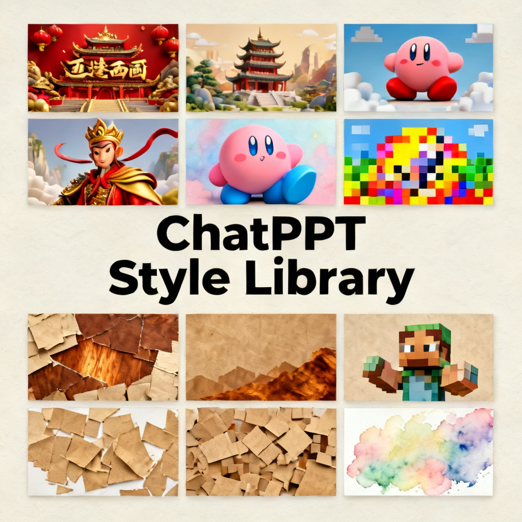 A collage of 10 different PPT slide designs in diverse artistic styles, including 3D Journey to the West, Kirby, Minecraft pixel, kraft paper collage, and watercolor, with a central title 'ChatPPT Style Library'
