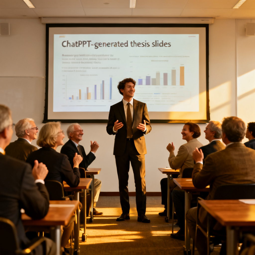 A final scene showing a researcher successfully presenting a thesis defense, with the ChatPPT-generated slides displayed on a large screen. The audience (professors and committee members) are nodding approvingly. The researcher looks confident and relaxed. The overall tone is professional and triumphant.