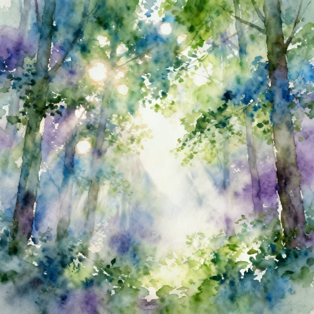 水彩画，梦幻森林，薄雾，光斑，柔和绿色，蓝色，紫色，透明感，手绘纹理