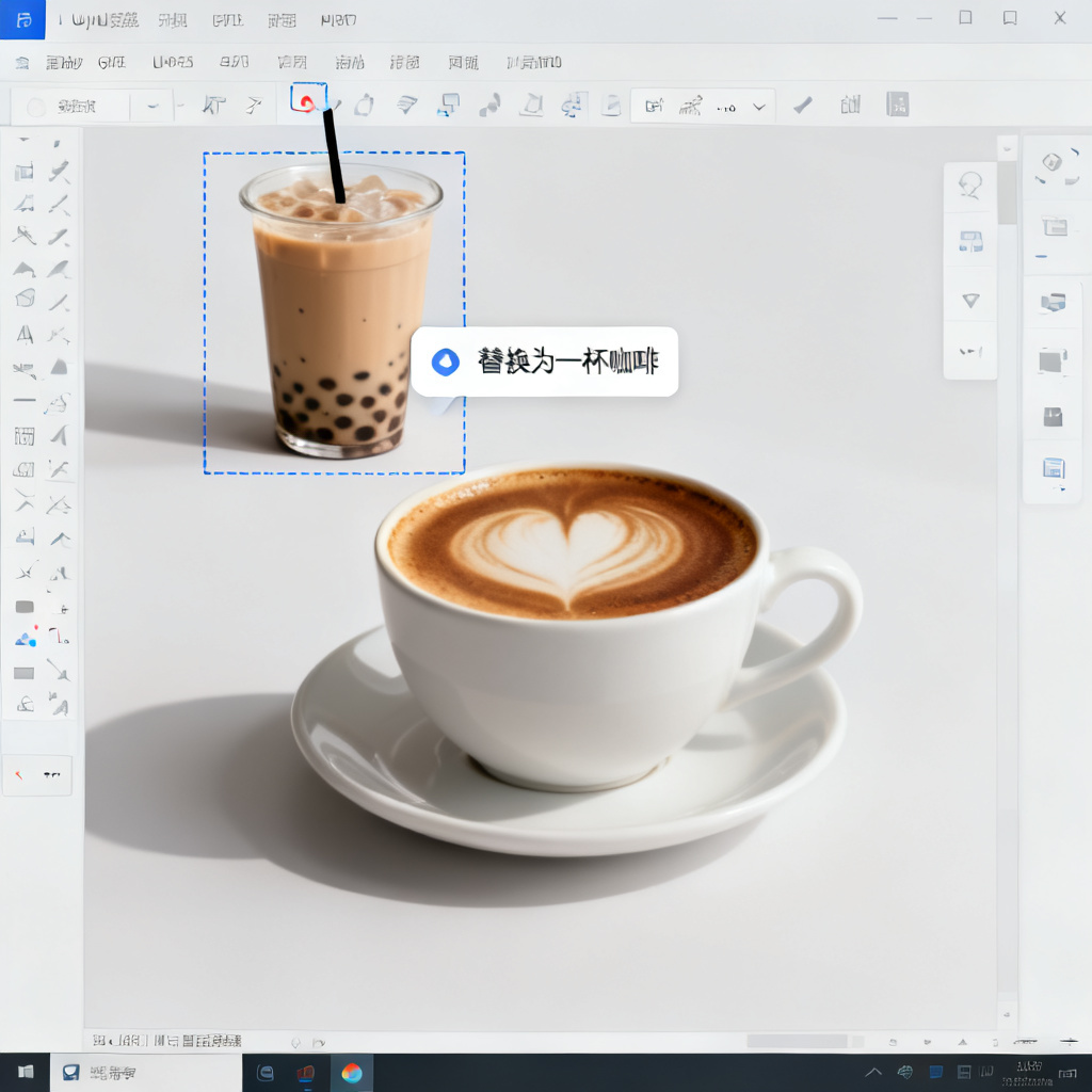 演示Magic涂画功能，用户框选PPT中的一杯奶茶，输入指令替换为一杯咖啡，AI自动融合光影与风格