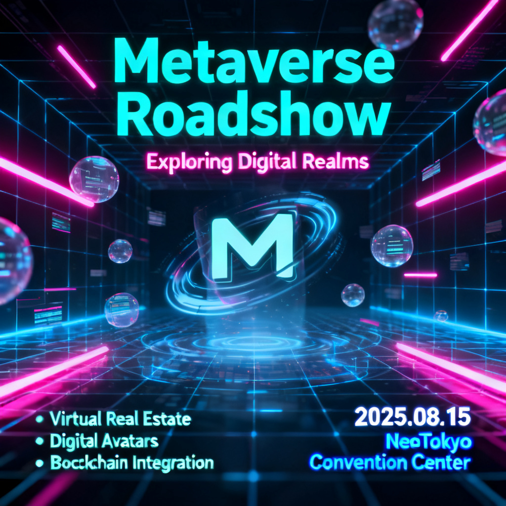 A futuristic cyberpunk style slide generated by ChatPPT, featuring neon lights and holographic elements, with a title 'Metaverse Roadshow' and editable text layers
