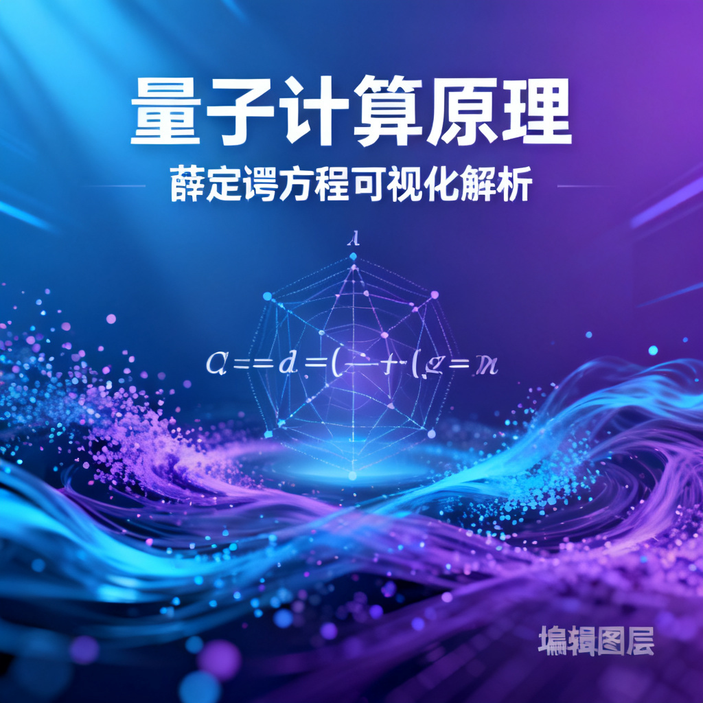 量子计算原理PPT页面，薛定谔方程可视化图形，动态粒子效果，蓝紫色科技风格，可编辑图层