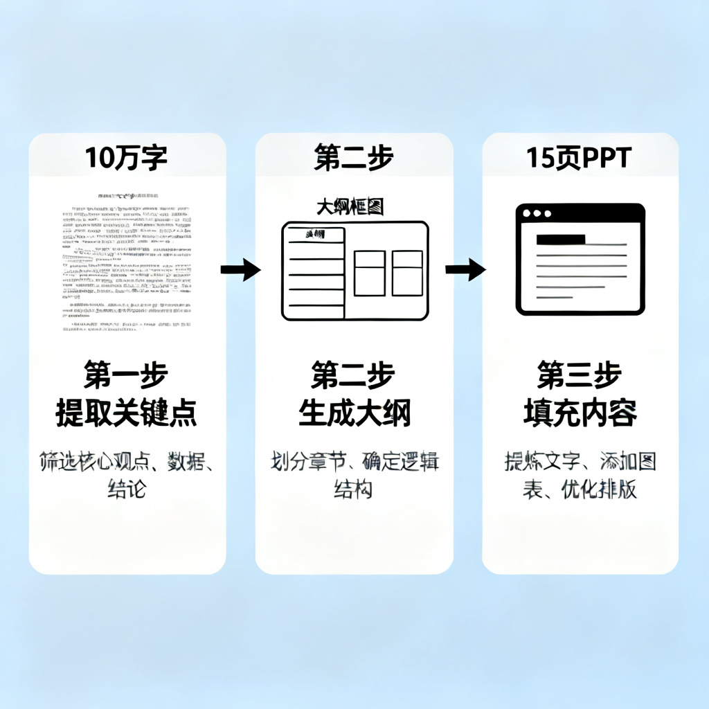 一个信息图展示从10万字论文到15页PPT的转化过程，包括提取关键点、生成大纲、填充内容，中间有箭头连接，风格清晰简洁