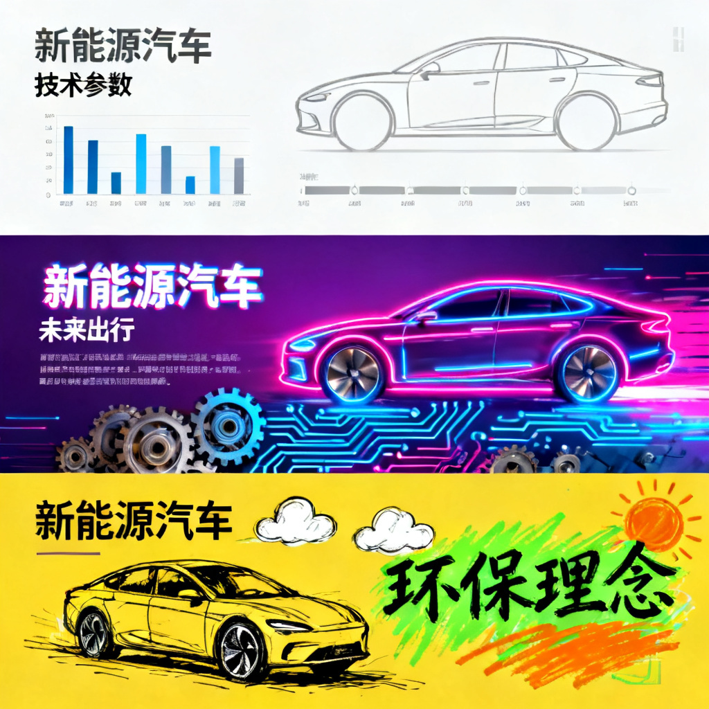 展示同一份关于“新能源汽车”的PPT,分别以极简科技风、赛博朋克风、手绘涂鸦风三种风格呈现,对比其视觉冲击力与风格差异