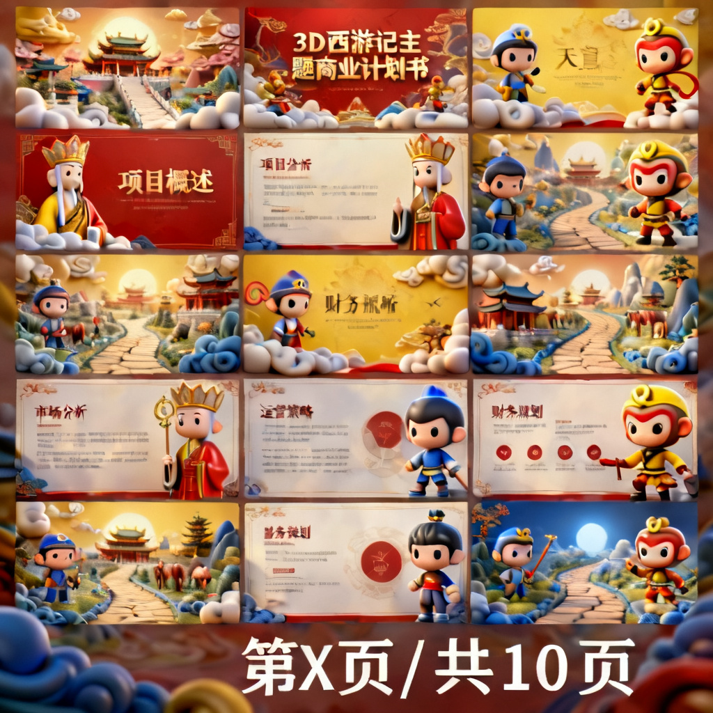 批量生成10页3D西游记风格的商业计划书PPT,每页风格一致且可独立编辑