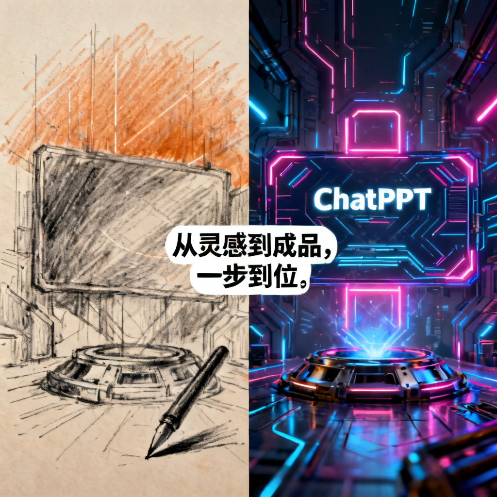 一张完整的创意画布，左侧为原始灵感图（手绘风格），右侧为ChatPPT生成的赛博朋克风格PPT页面，标注“从灵感到成品，一步到位”