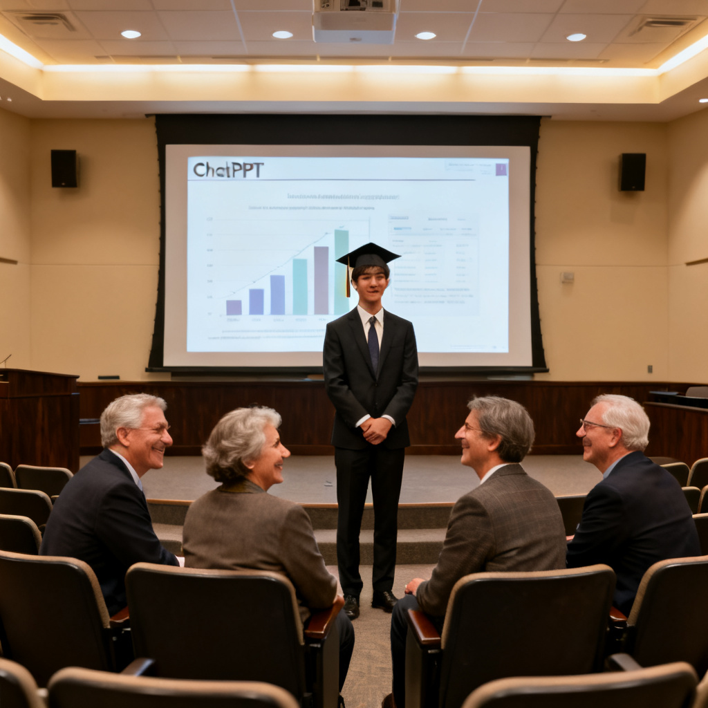 A professional scene of a graduate student presenting a defense in a university lecture hall. The student stands confidently in front of a large screen showing a ChatPPT-generated slide with clear data visualization. The panel of three professors looks engaged and nodding. The atmosphere is formal but supportive.