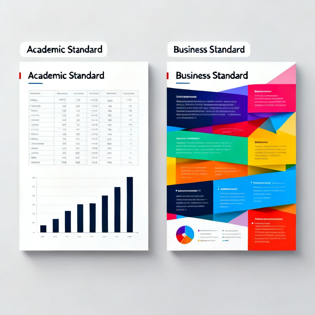 A side-by-side comparison of two academic PPT slides. The left slide uses a clean, professional academic template with a clear data table and a simple bar chart, while the right slide uses a colorful, business-oriented template with overlapping text and a complex infographic. The left slide is labeled "Academic Standard" and the right is labeled "Business Standard".