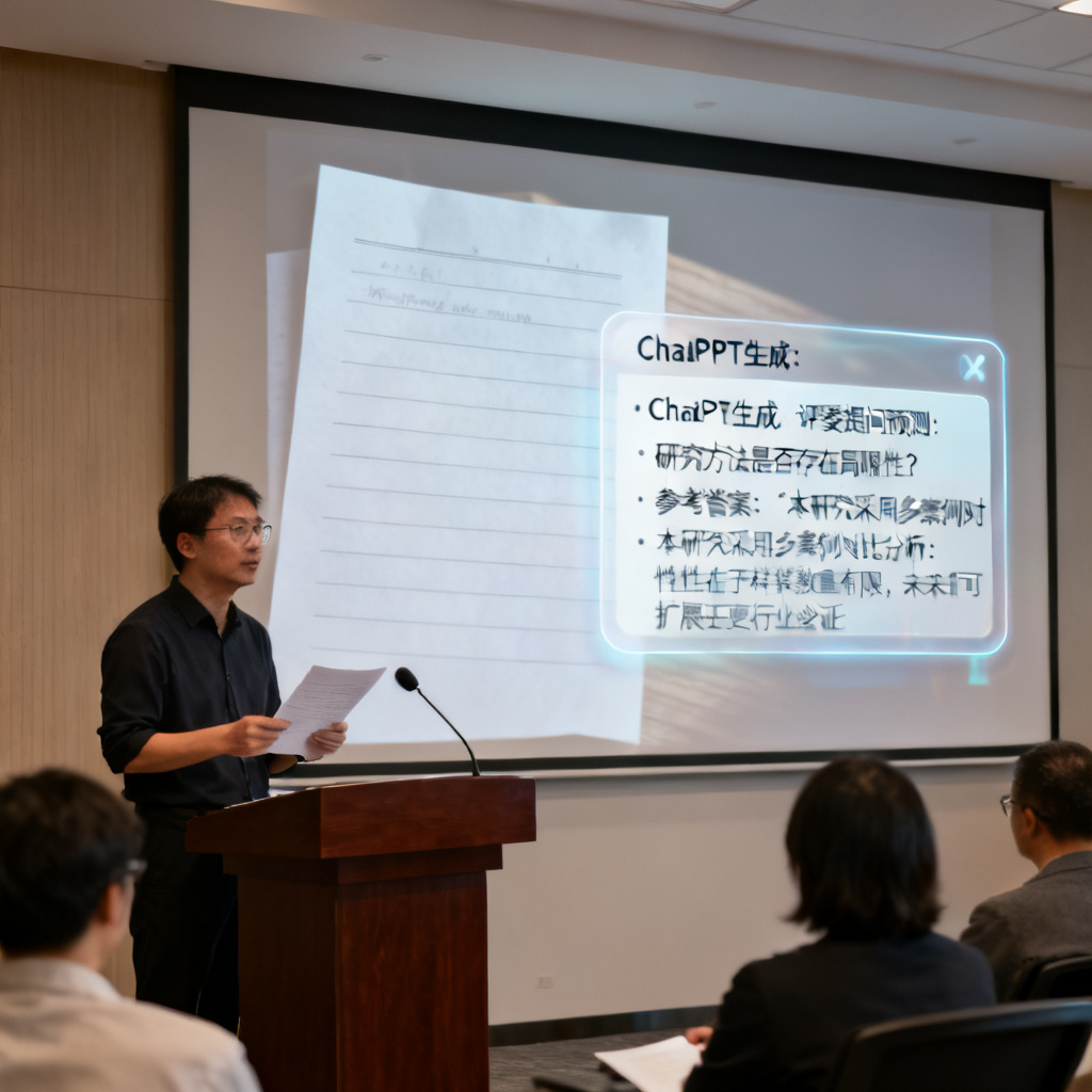 一张场景图,显示答辩现场,演讲者手持逐字稿,屏幕一侧弹出ChatPPT生成的评委提问预测和参考答案提示框