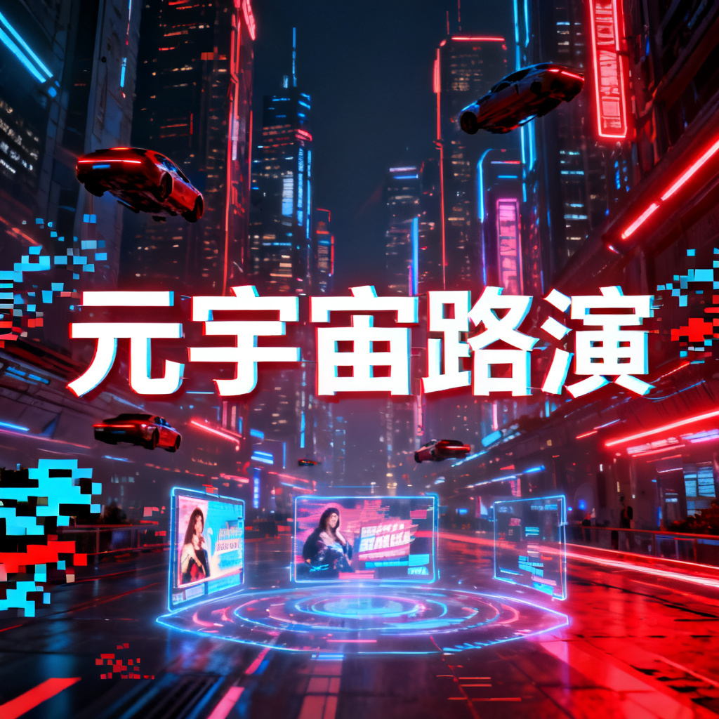 赛博朋克风格的元宇宙路演PPT封面,霓虹灯光,未来城市,高对比度,4K,故障艺术元素,光影交错
