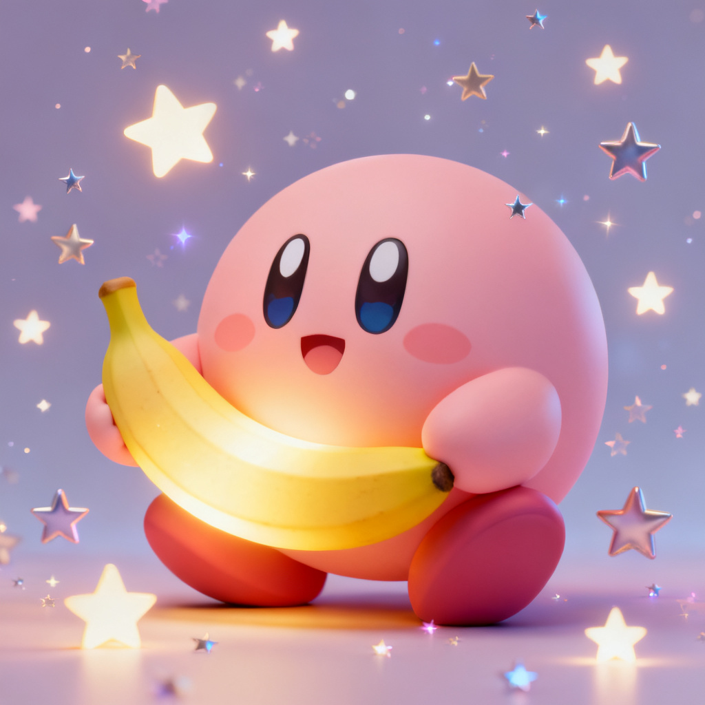 A 3D animated character in the style of Star Kirby, holding a glowing banana, surrounded by stars.