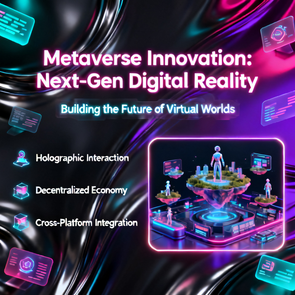 A futuristic cyberpunk presentation slide with neon gradients, holographic UI elements, and a dark metallic background, styled like a startup pitch deck for the metaverse.