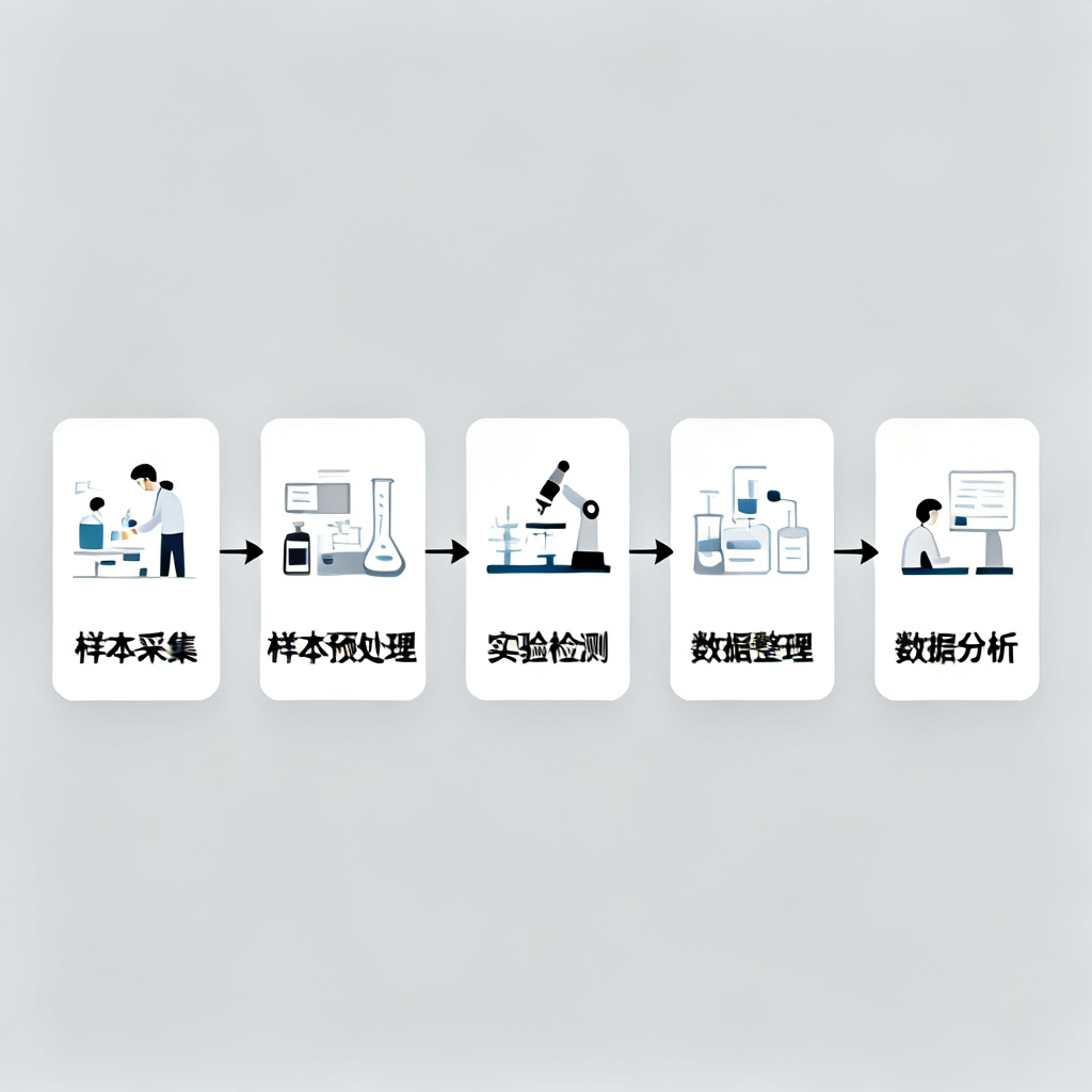 一张实验流程图幻灯片，展示从“样本采集”到“数据分析”的步骤，使用箭头和图标连接，背景为淡灰色，文字使用黑体