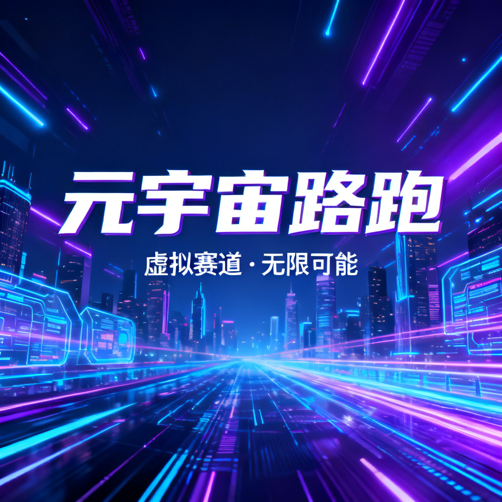 赛博朋克风格元宇宙路跑PPT封面,霓虹蓝与紫色灯光交织,背景是未来城市天际线与全息数据流