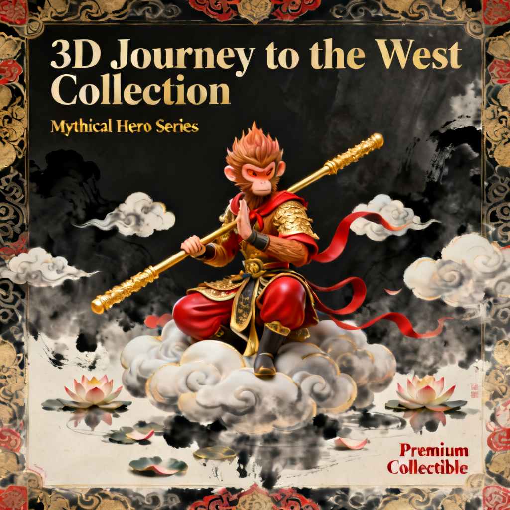 Create a product brochure slide in 3D Journey to the West style, with Sun Wukong holding a golden staff rendered in 3D, surrounded by floating clouds and lotus petals, using traditional Chinese ink wash colors (black, gold, vermilion), with intricate patterns on borders.